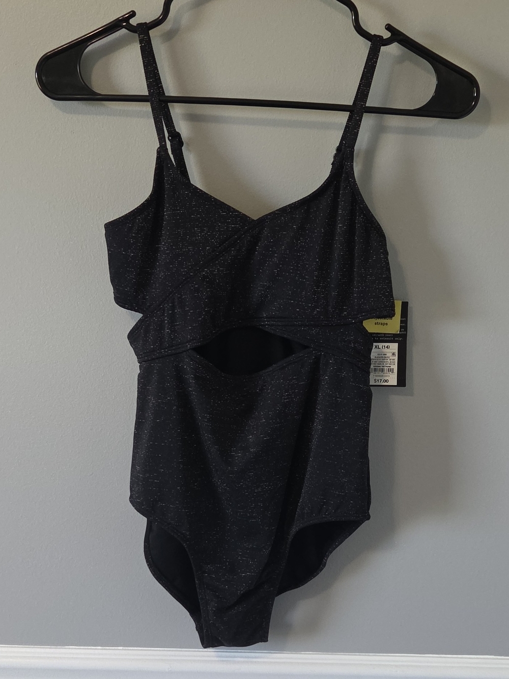 Black Speckled Girls One-Piece Swimsuit with Keyhole Cutout UPF 50+ XL (14)